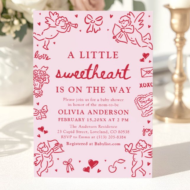 Hand Drawn Valentine Little Sweetheart Baby Shower Invitation (Hand Drawn Valentine Little Sweetheart Baby Shower Invitation)