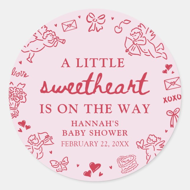 Hand Drawn Valentine Little Sweetheat Baby Shower Classic Round Sticker (Front)