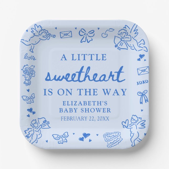 Hand Drawn Valentine Little Sweetheat Baby Shower Paper Plate (Front)