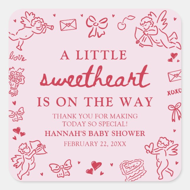 Hand Drawn Valentine Little Sweetheat Baby Shower Square Sticker (Front)