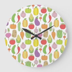Hand-drawn vegetables, vintage doodle background. large clock