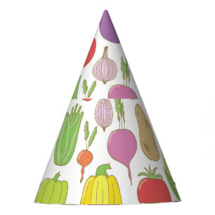 Hand-drawn vegetables, vintage doodle background. party hat