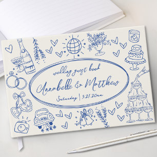 Hand Drawn Vintage Blue Whimsical Wedding Guest Book