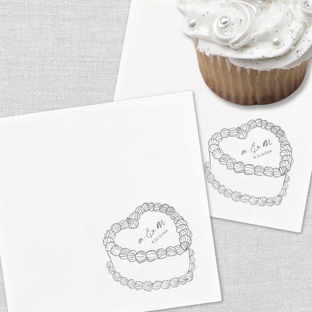 Hand Drawn Vintage Cake Grey Whimsical Wedding Napkin (Hand Drawn Vintage Cake Gray Whimsical Wedding Napkins)