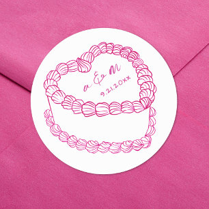 Hand Drawn Vintage Cake Pink Whimsical Wedding Classic Round Sticker