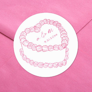 Hand Drawn Vintage Cake Whimsical Pink Wedding Classic Round Sticker