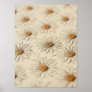 Hand-drawn vintage daisies arranged insoft pattern poster