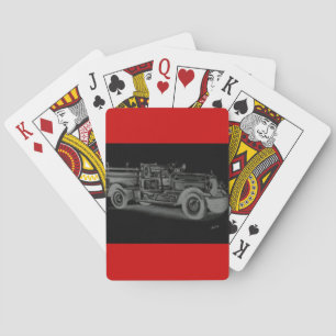 hand drawn vintage fire truck inverse playing cards