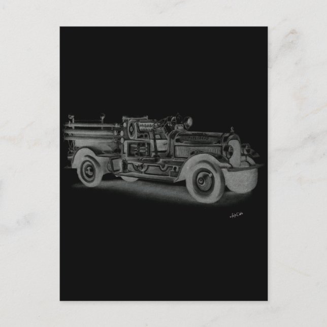 hand drawn vintage fire truck inverse postcard (Front)