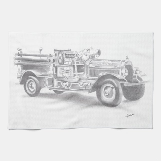 hand drawn vintage fire truck sketch tea towel (Horizontal)