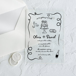 Hand Drawn Vintage French Black Whimsical Wedding  Acrylic Invitations