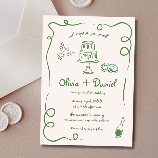 Hand Drawn Vintage French Green Whimsical Wedding Invitation (Creator Uploaded)