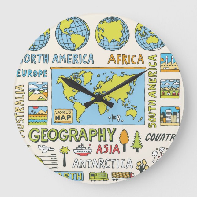 Hand Drawn Vintage Geography Illustration Large Clock (Front)