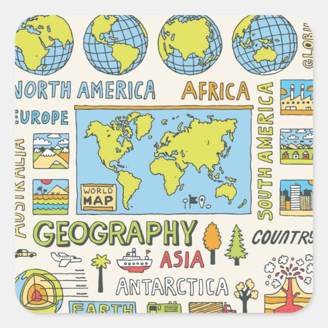 Hand Drawn Vintage Geography Illustration Square Sticker (Front)