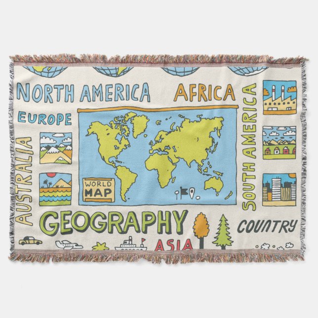 Hand Drawn Vintage Geography Illustration Throw Blanket (Front)