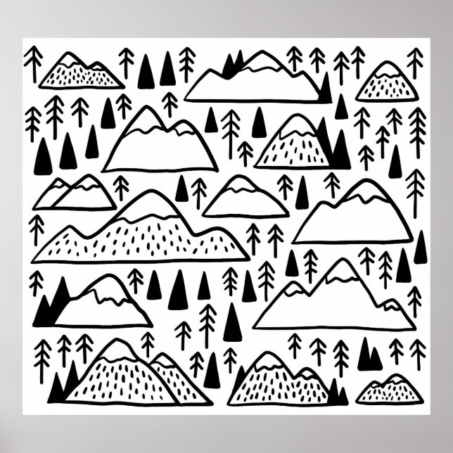 Hand-Drawn Vintage Mountains and Trees. Poster (Front)