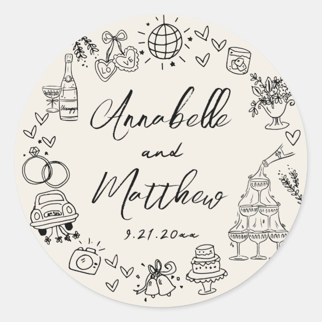 Hand Drawn Vintage Whimsical Wedding Classic Round Sticker (Front)