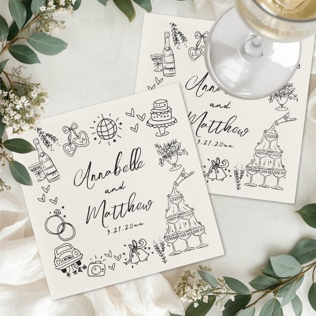 Hand Drawn Vintage Whimsical Wedding Napkin (Hand Drawn Vintage Whimsical Wedding Napkins )