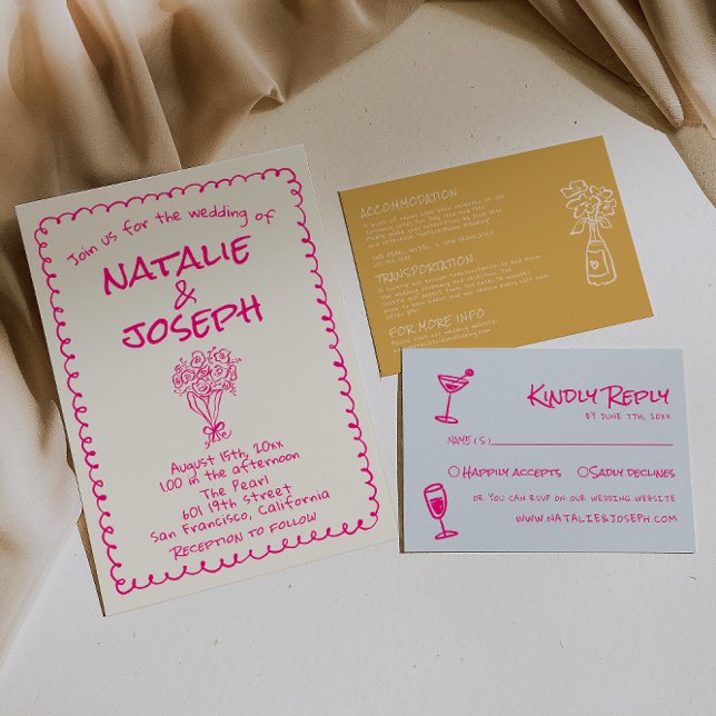Hand Drawn Vivid Pink Retro Funky Quirky Wedding Invitation (Creator Uploaded)