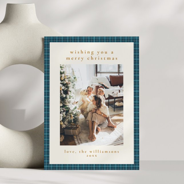 Hand Drawn Warm Blue Plaid Family Christmas Photo Holiday Card (Creator Uploaded)