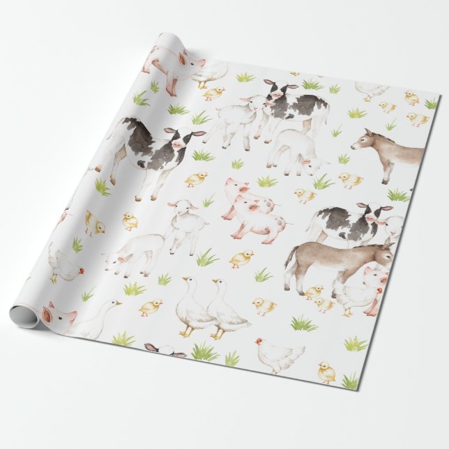 Hand drawn watercolor animals on the farm wrapping paper (Unrolled)