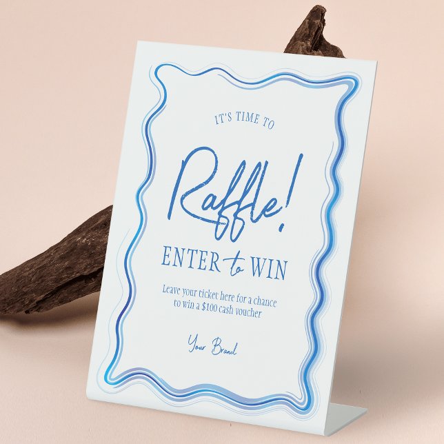 Hand Drawn Watercolor Blue White Logo Raffle Sign (Elegant hand-drawn blue and white watercolor frame raffle sign)