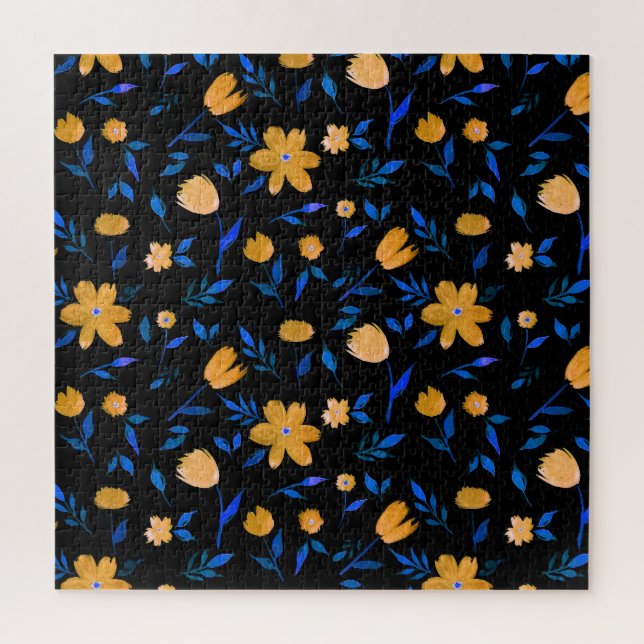 Hand-drawn watercolor flowers and leaves pattern. jigsaw puzzle (Vertical)