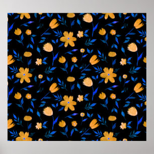 Hand-drawn watercolor flowers and leaves pattern. poster