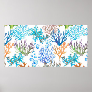 Hand-drawn watercolor sea pattern with corals. Und Poster