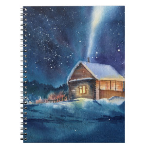 Hand drawn watercolor winter landscape notebook