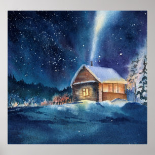 Hand drawn watercolor winter landscape poster