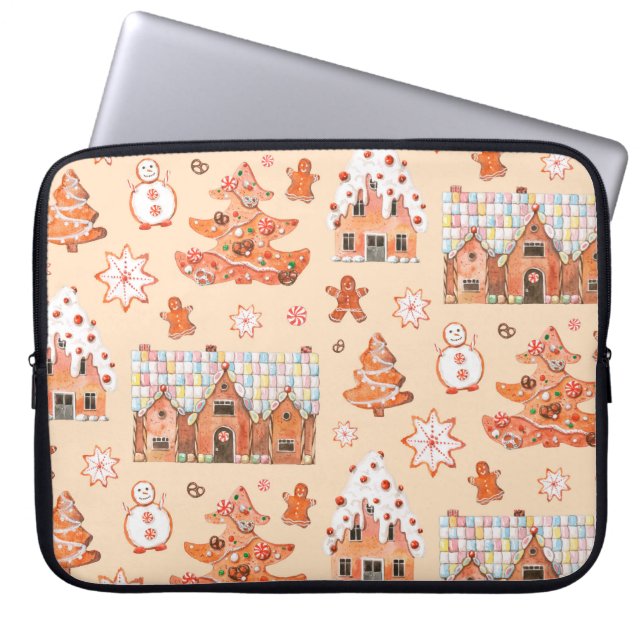 Hand drawn watercolour seamless pattern of gingerb laptop sleeve (Front)