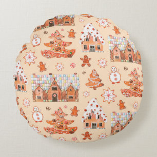 Hand drawn watercolour seamless pattern of gingerb round cushion