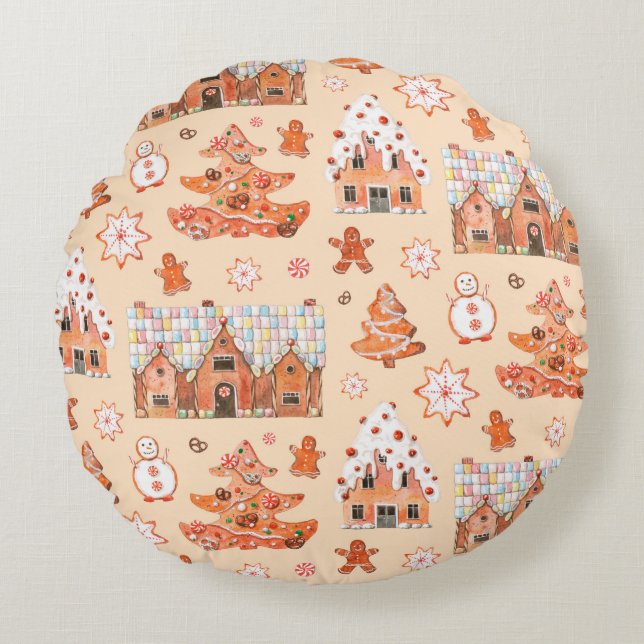 Hand drawn watercolour seamless pattern of gingerb round cushion (Front)