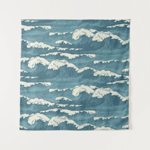 Hand-Drawn Waves Retro Vintage Pattern Tapestry