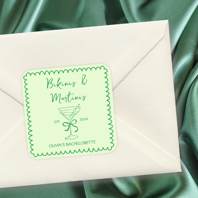  Hand Drawn Wavy Bikinis & Martinis Bachelorette Square Sticker (bikinis and martinis bachelorette)