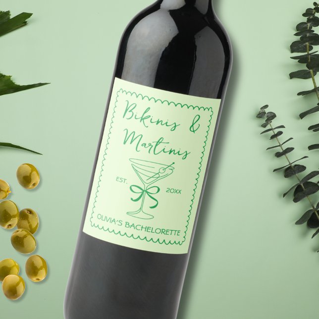 Hand Drawn Wavy Bikinis & Martinis Bachelorette Wine Label (Hand Drawn Wavy Bikinis & Martinis Bachelorette Wine Label)