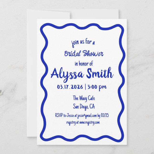 Hand Drawn Wavy Border Blue & White Bridal Shower Invitation (Front)