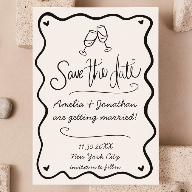Hand Drawn Wavy Doodle Wedding Save The Date Photo Invitation (hand drawn squiggle wavy doodle save the date photo invitation quirky wedding save the date cheers )