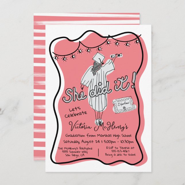 Hand drawn wavy frame graduation party invitation (Front/Back)