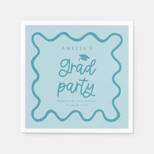Hand Drawn Wavy Line Blue Grad Party Napkin (Front)