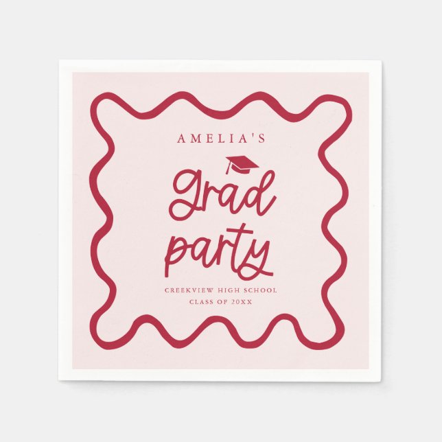 Hand Drawn Wavy Line Red Grad Party Napkin (Front)