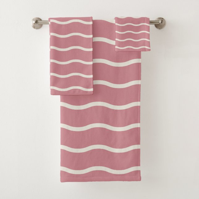 Hand-Drawn Wavy Ticking Stripe | Dusty Rose Bath Towel Set (Insitu)