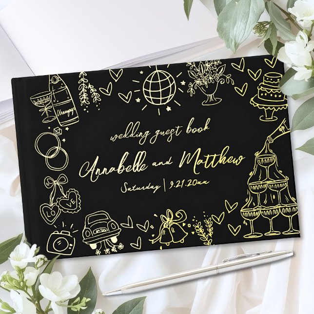 Hand Drawn Wedding Black Gold Guest Book (Hand Drawn Wedding Black Gold Foil Guest Book )