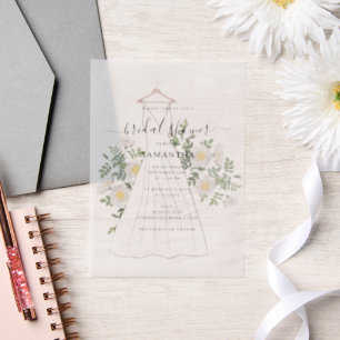 Hand Drawn Wedding Dress Floral Bridal Shower Vellum Invitations