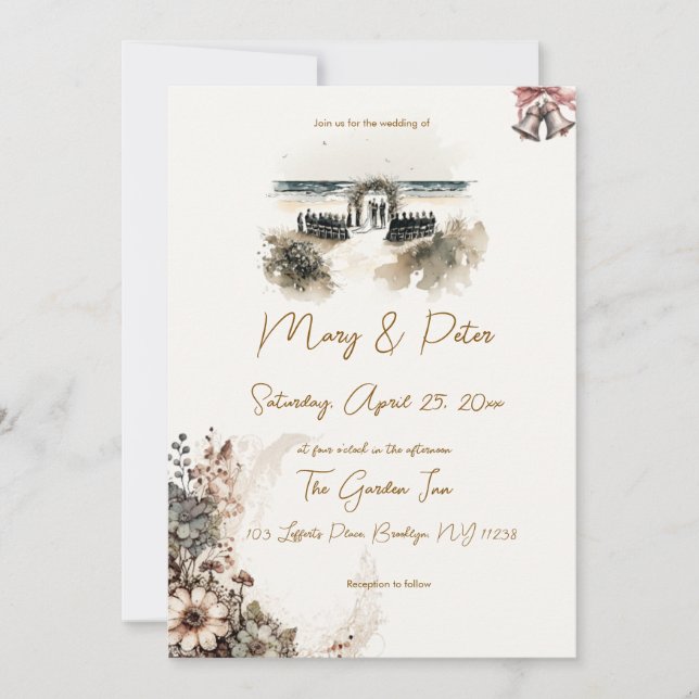 Hand drawn wedding invitation floral beach (Front)