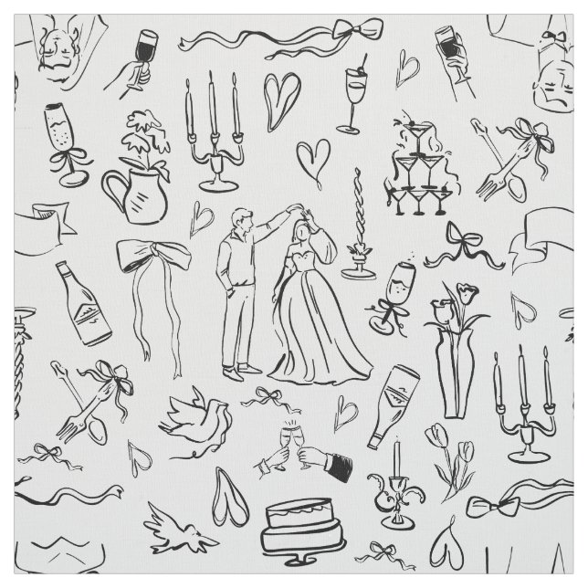 hand drawn wedding marriage bridal toile fabric (Swatch)