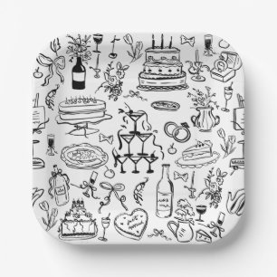 hand drawn wedding marriage champagne fountain paper plate