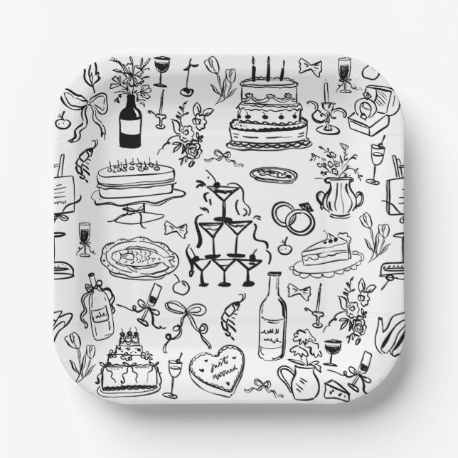 hand drawn wedding marriage champagne fountain paper plate (Front)