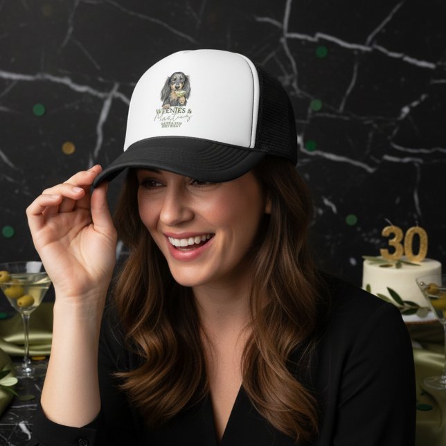 Hand Drawn Weenies and Martinis Dachshund Trucker Hat (Celebrate with this Hand Drawn Weenies and Martinis Dachshund Trucker Hat! )